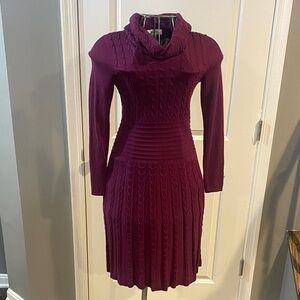 dressbarn Plum Cable-Knit Long Sleeve Fit-and-Flare Dress